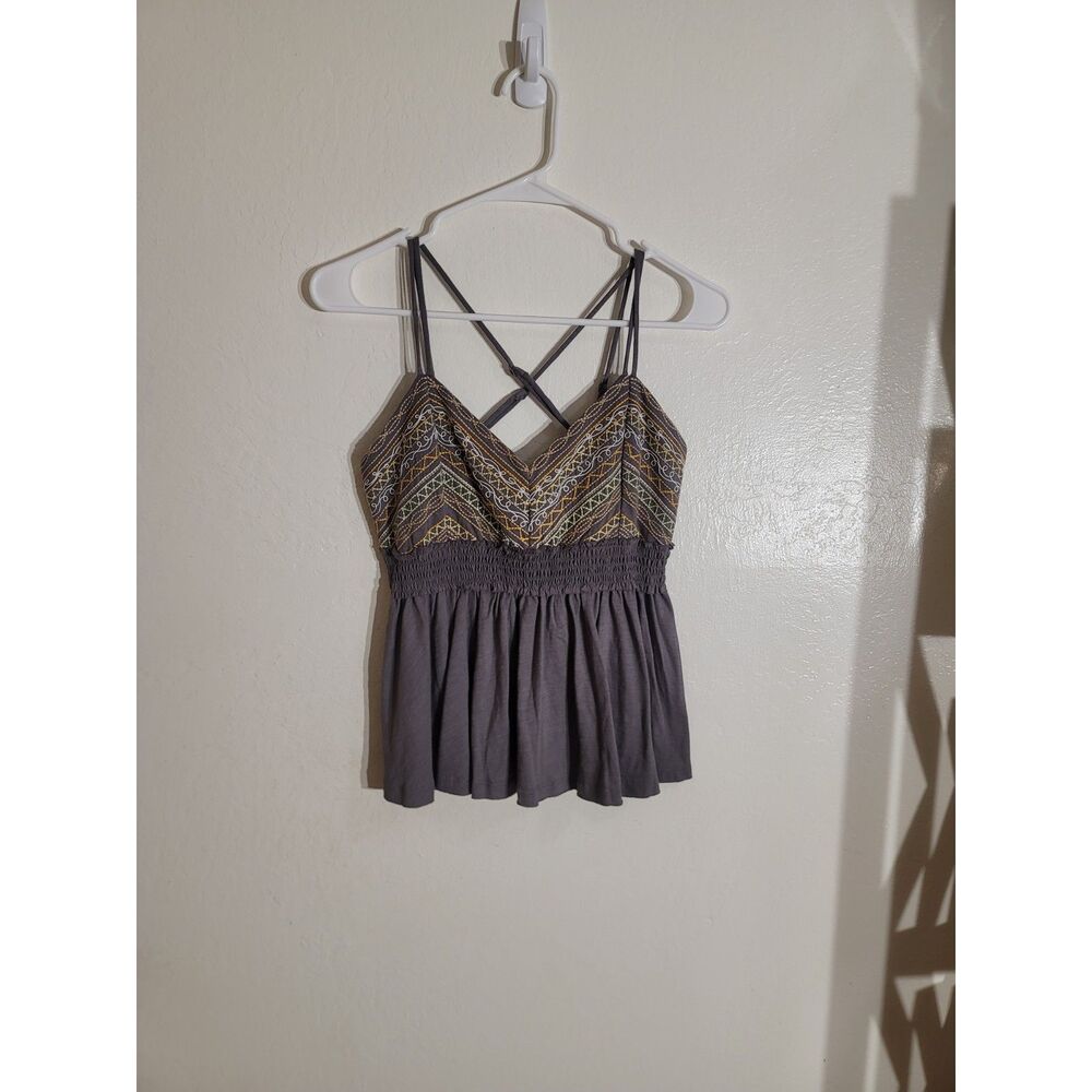 NWT Women's Wishlist Embroidered Tank Charcoal Gray Criss Cross Strap Boho sz S